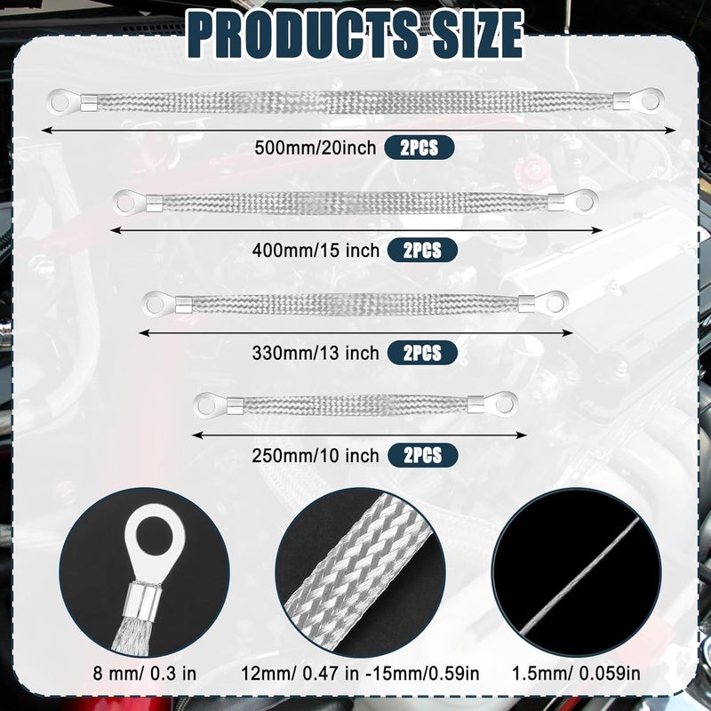 Draupnir 8pcs Ground Straps, 10/13/15/20 inch Grounding Strap Professional Vehicle Engine Grounding Strap Copper Braided GroundStrap Automotive Ground Straps Wire GroundStrap for Most Cars (Silver-Thicken) - Image 2